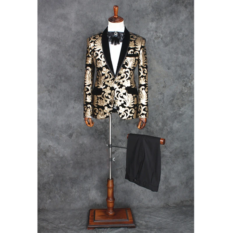 100%real mens stars/golden sequins embroidery black/blue tuxedo suit /event/evening/stage performance