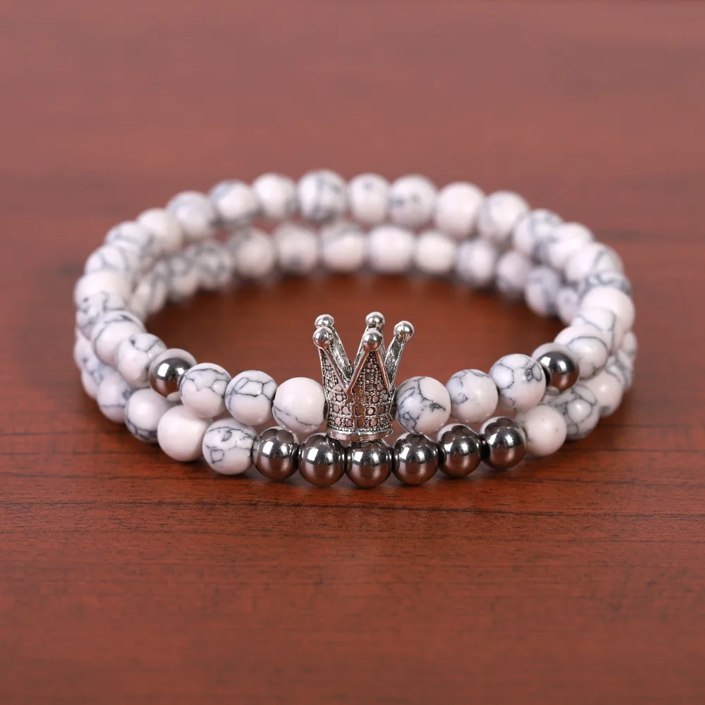 2 шт./компл. Корона 6 мм каменные бусины Howlite гематитовые из черного камня браслет