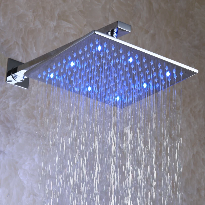 

With 38 cm Shower Arm, 10 Inch, 3 Color (Blue, Green, Red) Chrome Overhead Rainfall LED Bath Shower Head L-010A