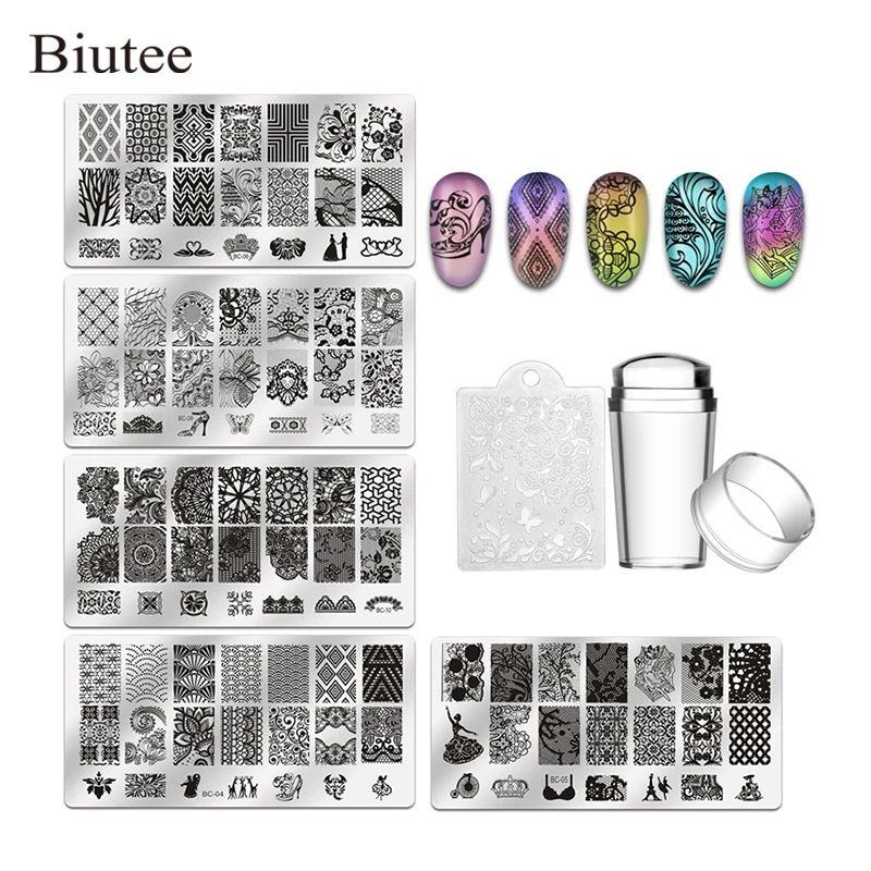 Biutee 5 шт. ногтей штамповки Таблички+ 1 штампа+ 1 Скребки кружевное платье с цветочным рисунком животный принт Дизайн ногтей штамп штамповка изображения шаблона тарелка