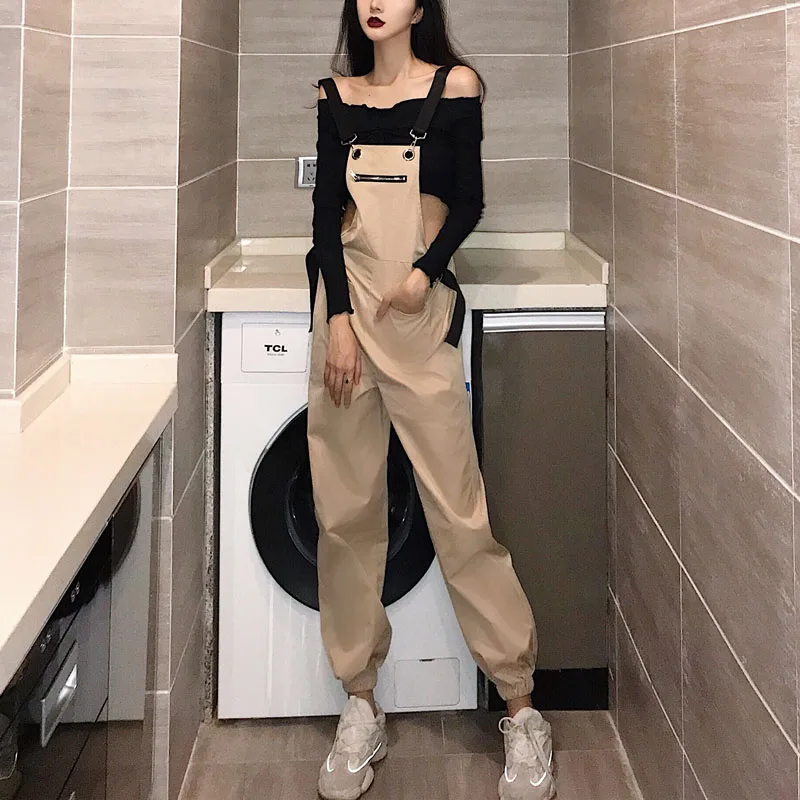 khaki jumpsuit Женские комбинезоны на тонком ремешке на молнии в Корейском стиле ретро трендовые универсальные повседневные женские комбинезоны с карманами Студенческие Брюки - Цвет: khaki jumpsuit