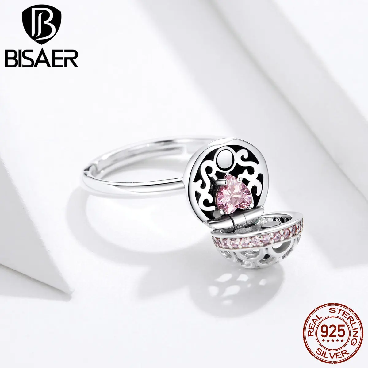 BISAER, 925 пробы, серебряная Подарочная коробка, кольца на палец, скрытая любовь для женщин,, лучшие подарки, ювелирные аксессуары GXR530
