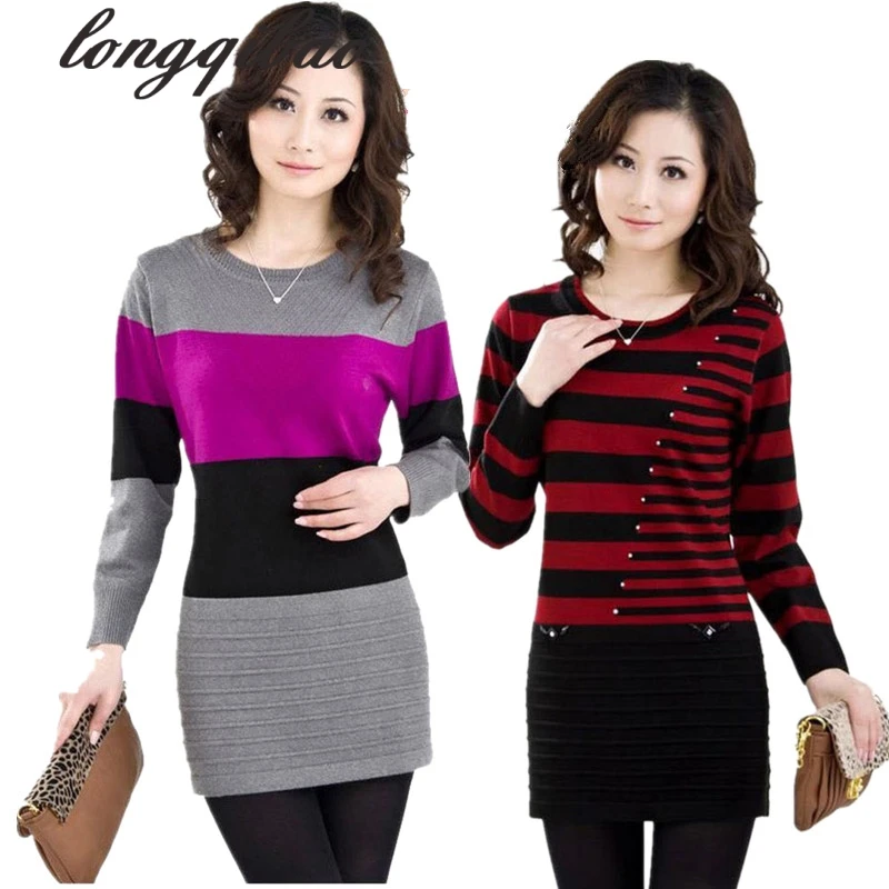 Middle-aged Autumn And Winter Loose Plus Size Mother Dress Sweater Women Long Bottoming Knitwear Dresses | Женская одежда