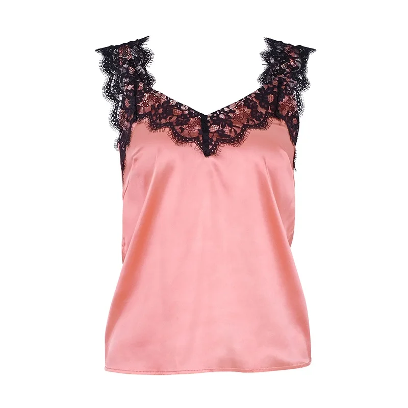 Pink OOTN, сексуальный кружевной Атласный топ с v-образным вырезом, женский розовый топ на бретелях, летний топ без рукавов на тонких бретелях, женские шелковые Топики, уличная одежда - Цвет: Pink