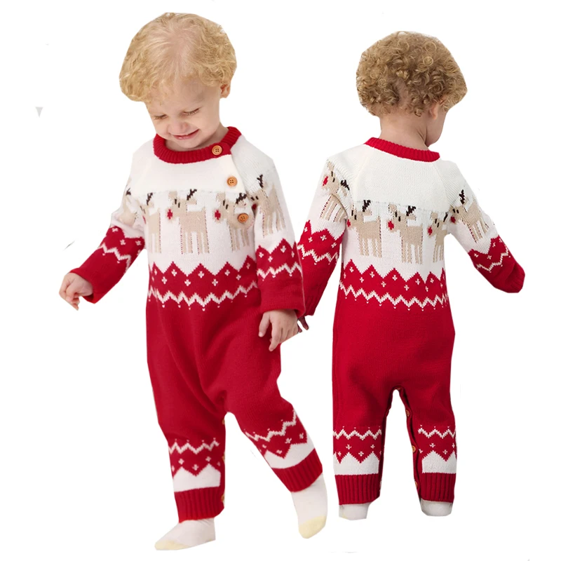 

New Babies Christmas Romper Long Sleeve Newborn Boys Girls Knit Winter Jumpsuits Cartoon Animal Toddler Infant Reindeer Overalls