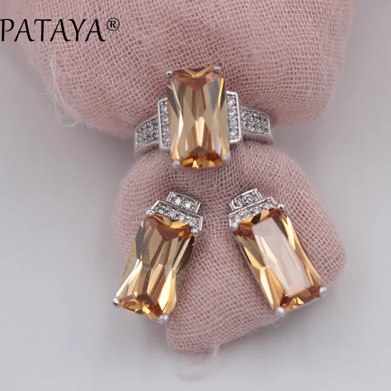 PATAYA New Square Green Natural Zirconia Earrings Ring Sets Women Wedding Party True White Gold Romantic Jewelry Set Multicolor | Украшения