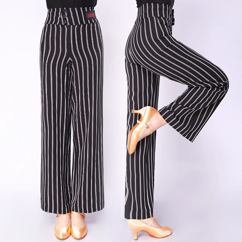 

Ballroom Dancing Pants Women Competition Dancewear Female Stripe Trousers Adult High Waist National Standard Modern Wear DN3424