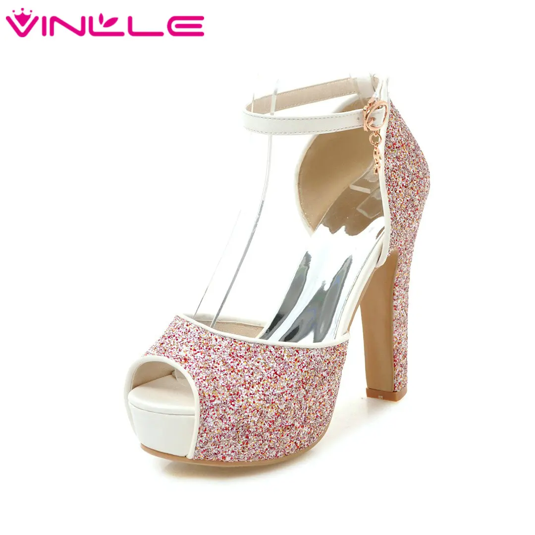 VINLLE 2020 Summer Shoes Women PU Leather Square High Heel Peep Toe Ankle Strap Buckle Blue Ladies Wedding Pumps Size 34-43 | Обувь