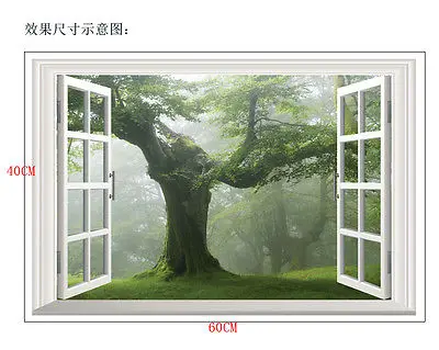 Зеленое старое дерево 3D наклейка на стену окно Съемная виниловая роспись