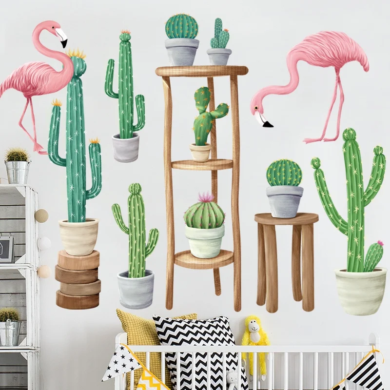 Flamingo Cactus Potted Plant Wall Stickers Living room Bedroom Kids Home Decor Vinyl Decals Removable PVC Art Murals | Дом и сад
