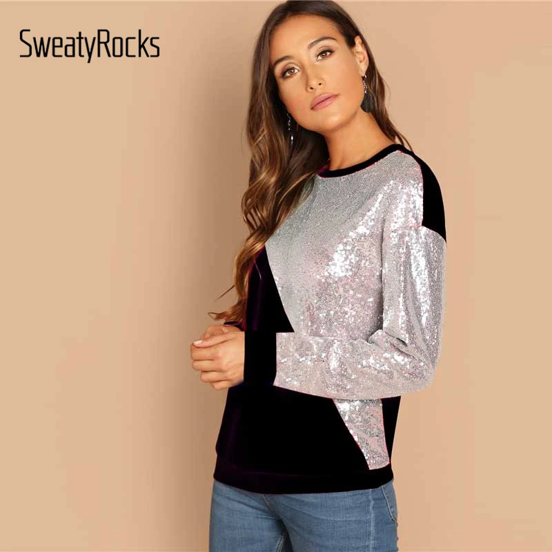 SweatyRocks, черный, контрастный, с блестками, Женская Повседневная Толстовка, с длинным рукавом, с круглым вырезом, пуловер, топы,, осенняя, для отдыха, стильная толстовка