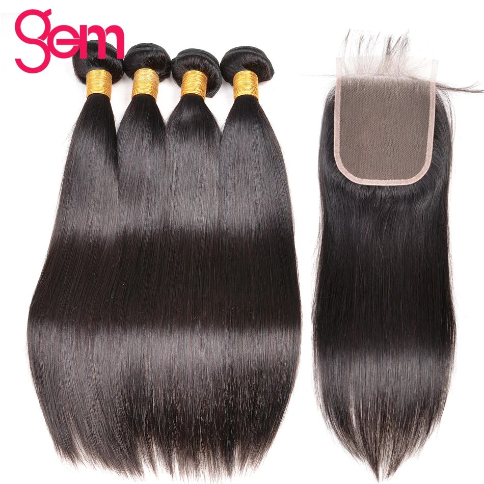 Бразильские прямые волосы пучки с закрытием 4 натуральные GEM beauty Non remy наращивание