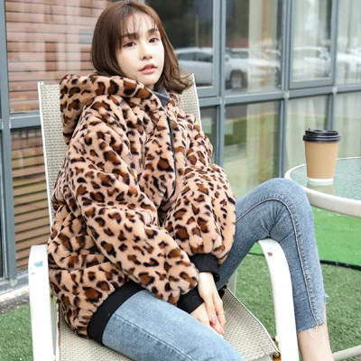 Leopard Зимняя Свободная Женская куртка из искусственного меха, Женская утолщенная верхняя одежда из искусственного кроличьего меха с капюшоном, Модное Новое Женское пальто из искусственного меха для женщин - Цвет: Leopard