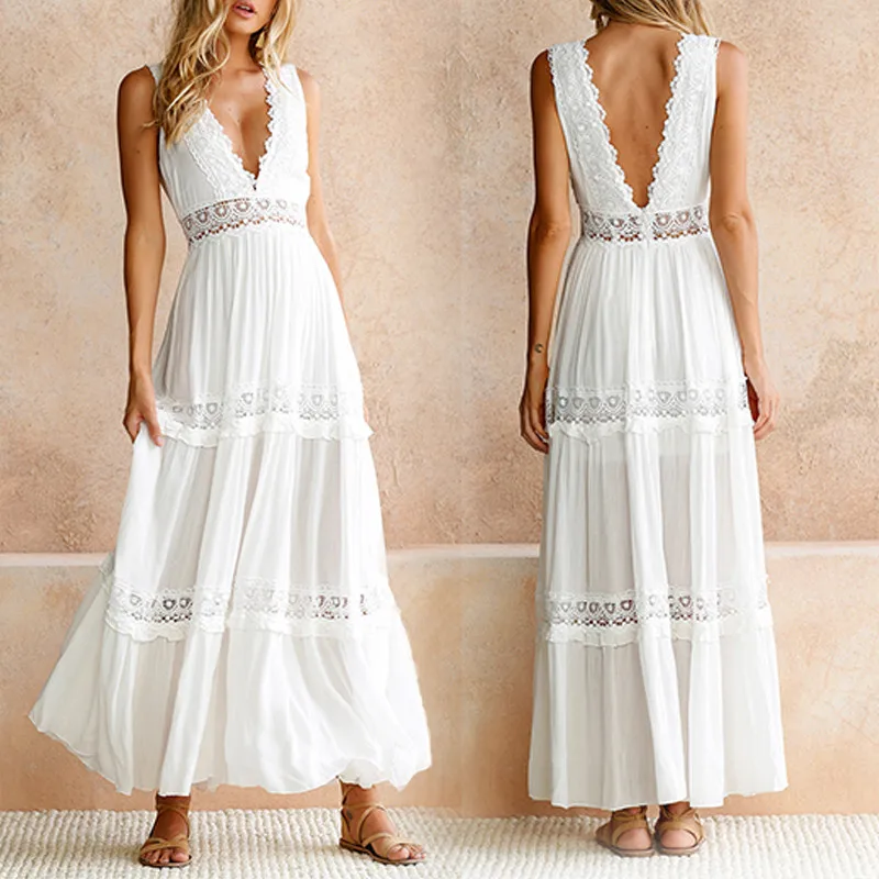 Deep V Elegant White Lace Sexy Dress Women Backless Hollow Out Summer Long Maxi Dresses Female Clothing S M L Xl | Женская одежда