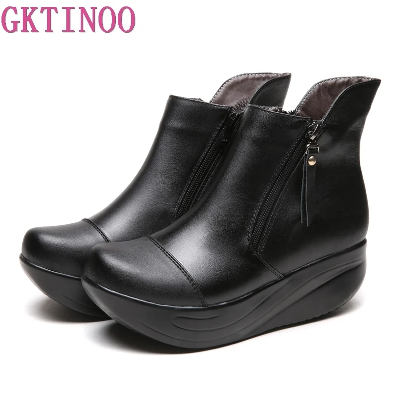 

GKTINOO Warm Plush Women Boots Thick Sole Winter Shoes Zipper Wedges Platform Swing Shoes Plus Size Genuine Leather Ankle Boots