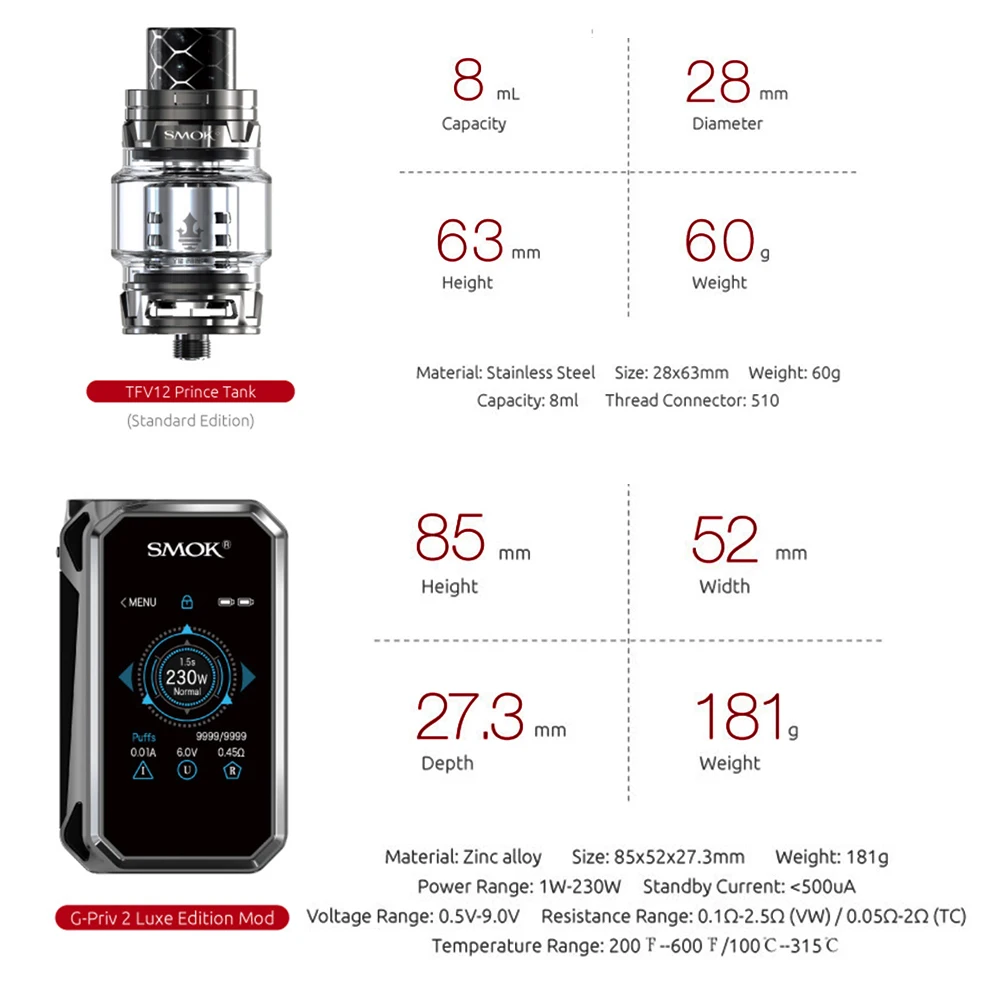 Оригинальный вейп комплект SMOK 2 Luxe Edition с сенсорным экраном 230 Вт 8 мл TFV12 Prince Tank