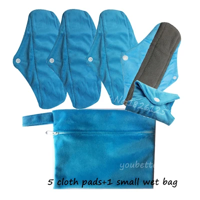 Blue With 1 bag 5 шт древесный уголь бамбуковые тканевые подушечки моющиеся менструальные подушечки многоразовые гигиенические полотенца - Цвет: Blue With 1 bag