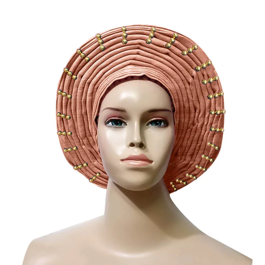 Aso oke головной убор с бисером aso oke нигерийский головной убор aso ebi африканский геле Авто геле Африканский головной убор с золотыми бусинами - Цвет: peach
