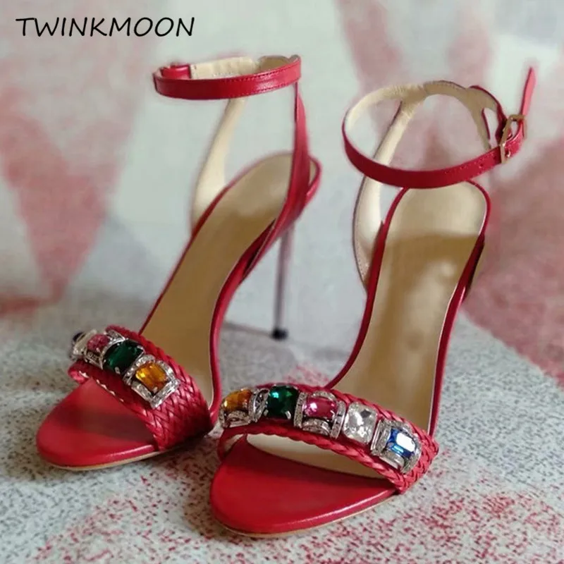 Кожаные сандалии со стразами женская обувь на высоком металлическом каблуке