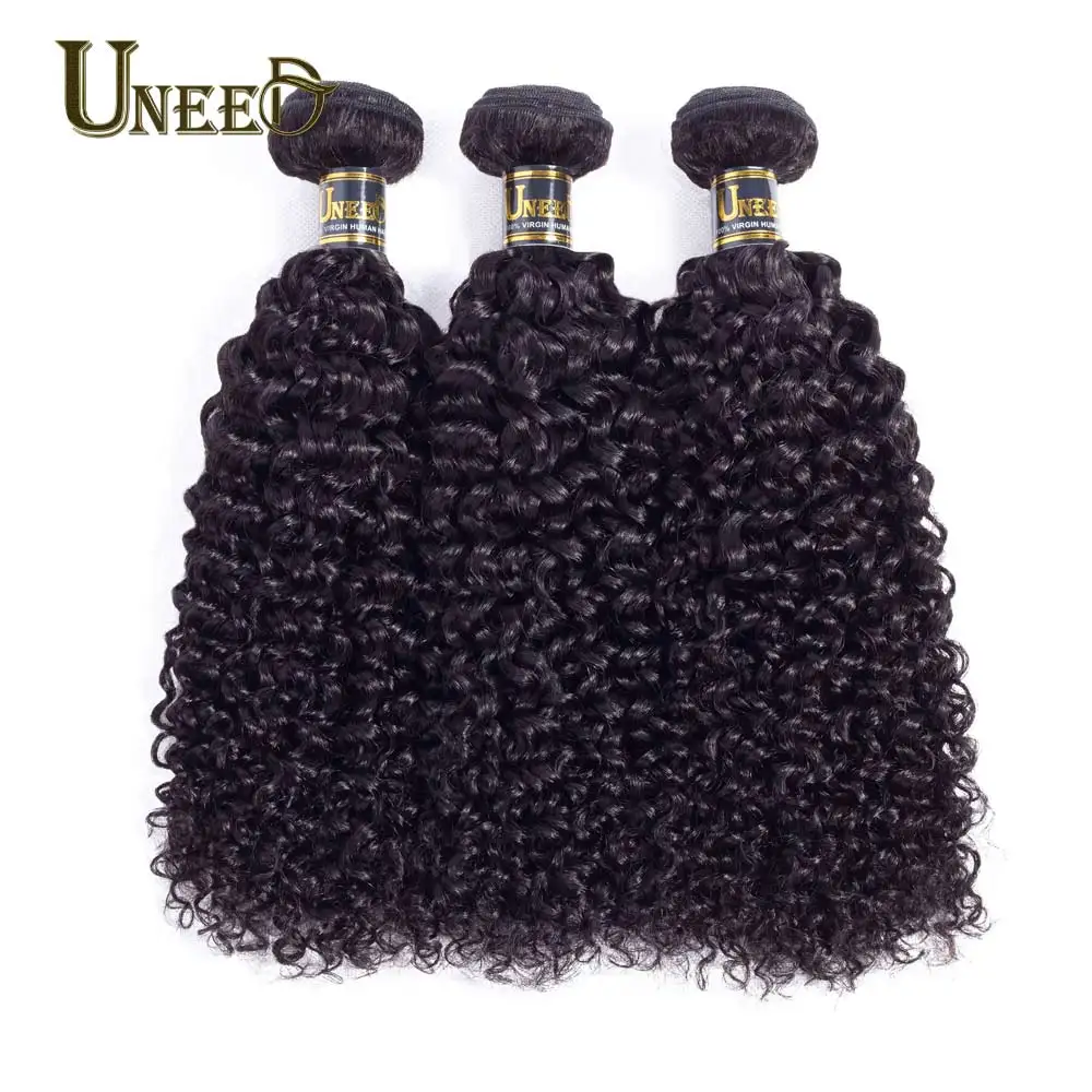 Uneed Hair 3Bundles Brazilian Kinky Curly Hair Wave 100% Brazilian Human Hair Weave Bundles Natural Color Remy Hair Extensions