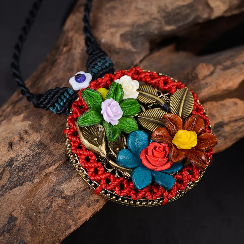 Antique Round Bronze Medal Flower Pattern Pendant Necklace Handmade Braided Rope Long China Ethnic Women Gift Jewelry | Украшения и
