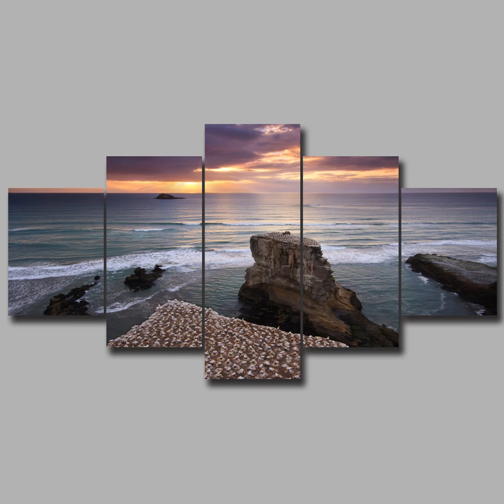 

OKHOTCN Framed Canvas HD Prints Ocean Sunset View Modern Wall Art 5 Pieces Beach Scenery Painting Posters Home Decor Living Room