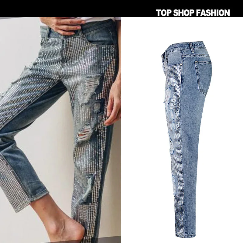 Модные Повседневные джинсы 2019 со старыми металлическими отверстиями прямые