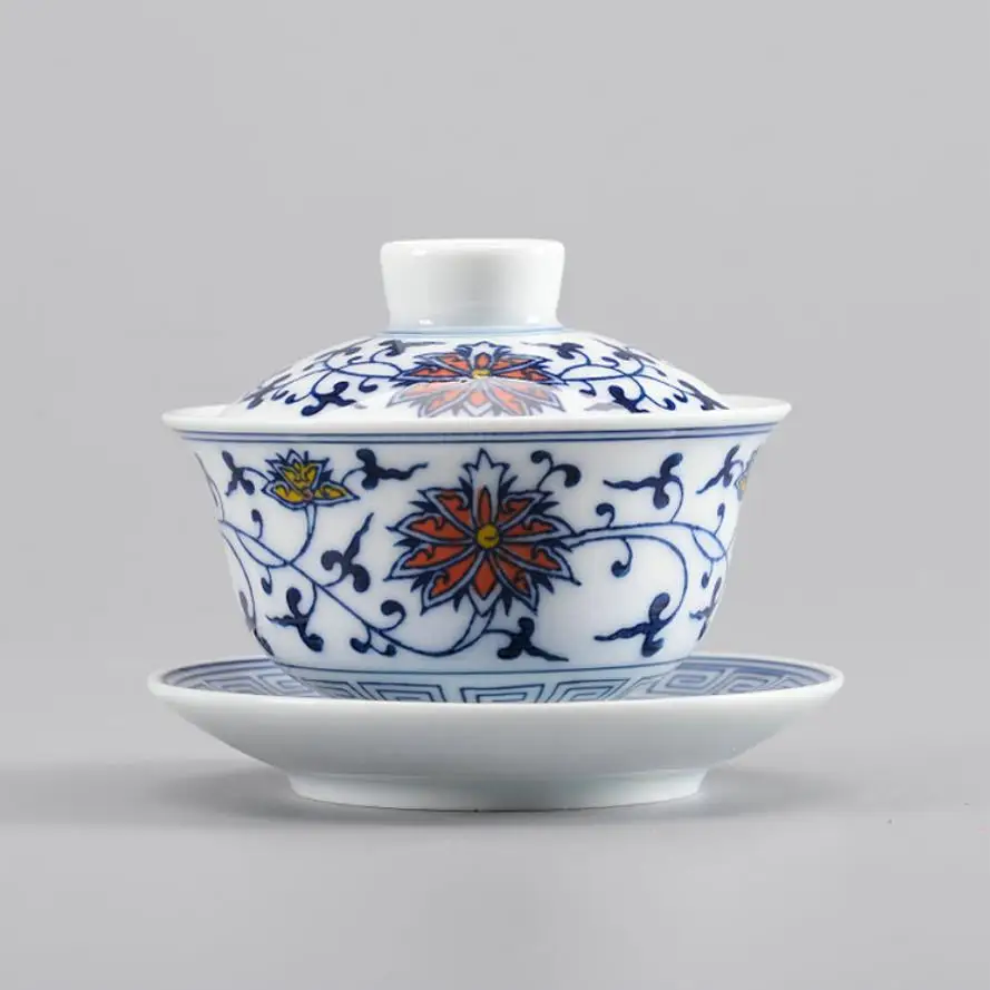 &quotKing Tea Mall&quot синий и белый фарфор Twining Lotus Gaiwan для китайского чая Gongfu Chadao чайные