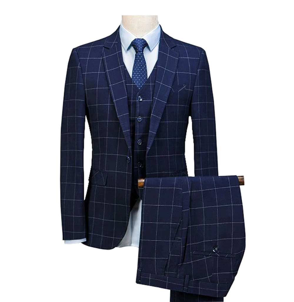 Mens Suit Royal Blue 3 Pieces Mens Suits Plaid Slim Fit Wedding Suits Groom Tweed Wool Tuxedos for Wedding (Jacket+Pants+Vest)