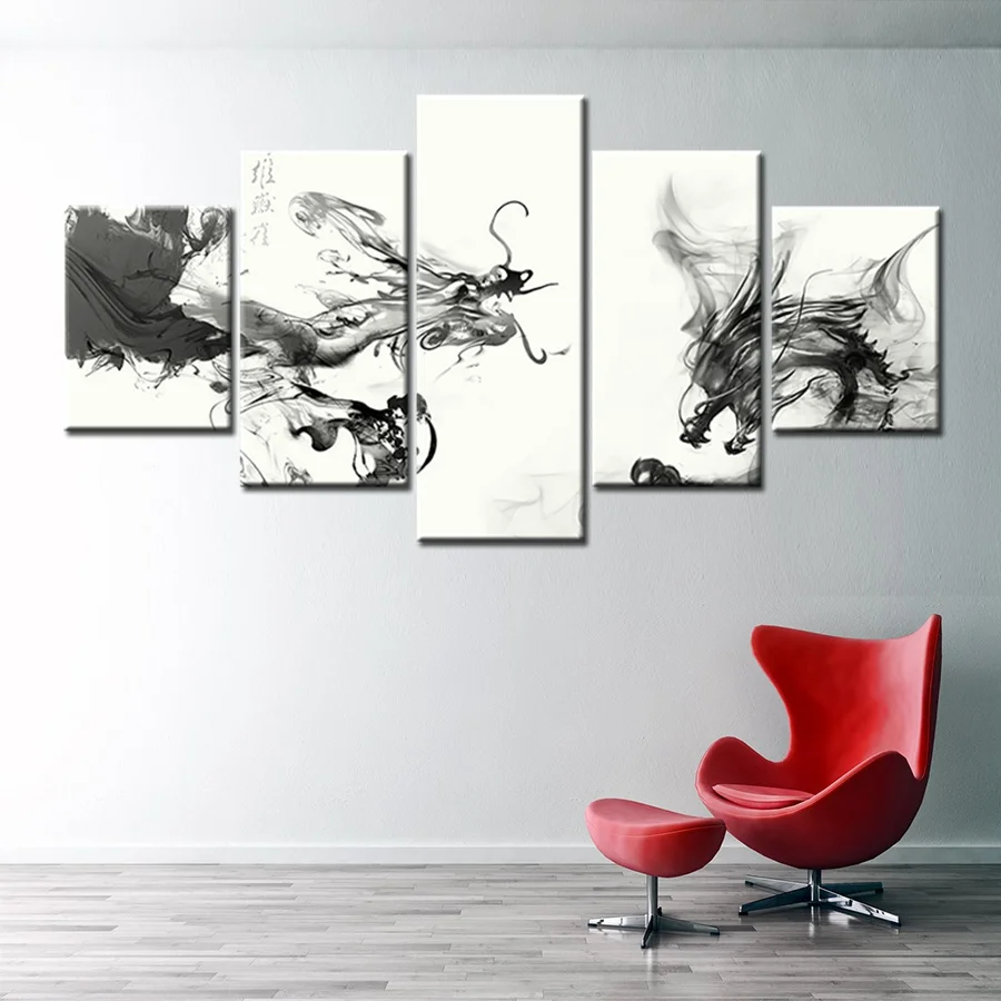 Черно белая китайская чернильная краска с принтом дракона императора канва 5