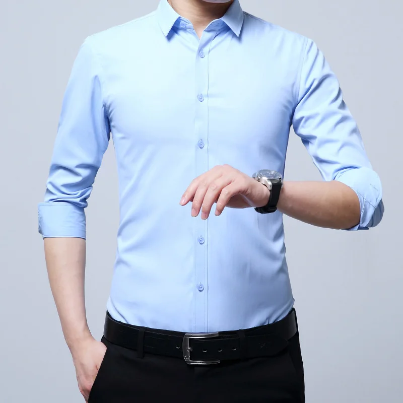 

IFRICH Casual Shirt Men Spring Autumn Business Shirt Slim Fit Male Long Sleeves Button White Pink Blue Shirt Mens Clothes Blouse