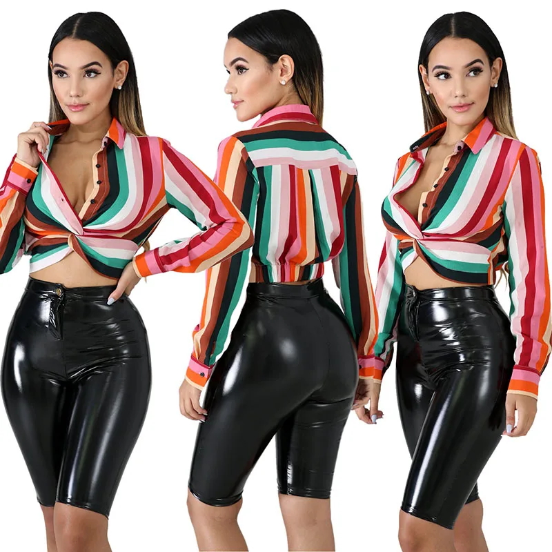 

Echoine Fashion Striped Shirt Front Tie Turn Down Collar Long Sleeve Colorful Clothing Casual Summer Office Lady