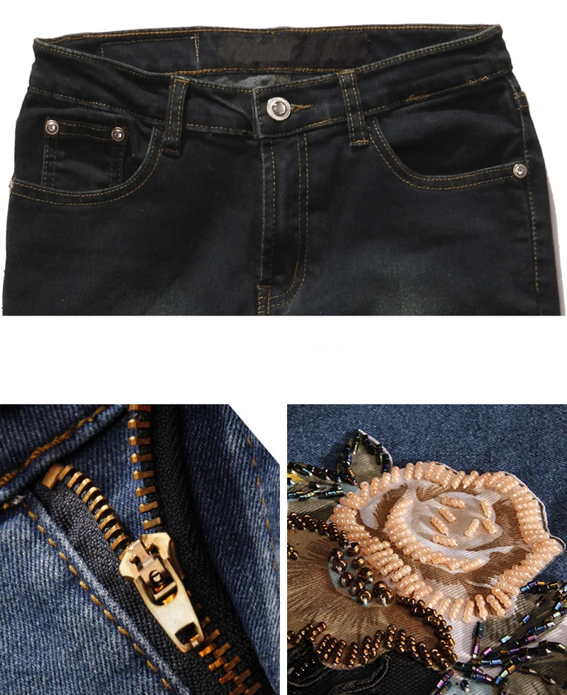 Женские длинные джинсы с вышивкой и кружевными вставками винтажные карманами