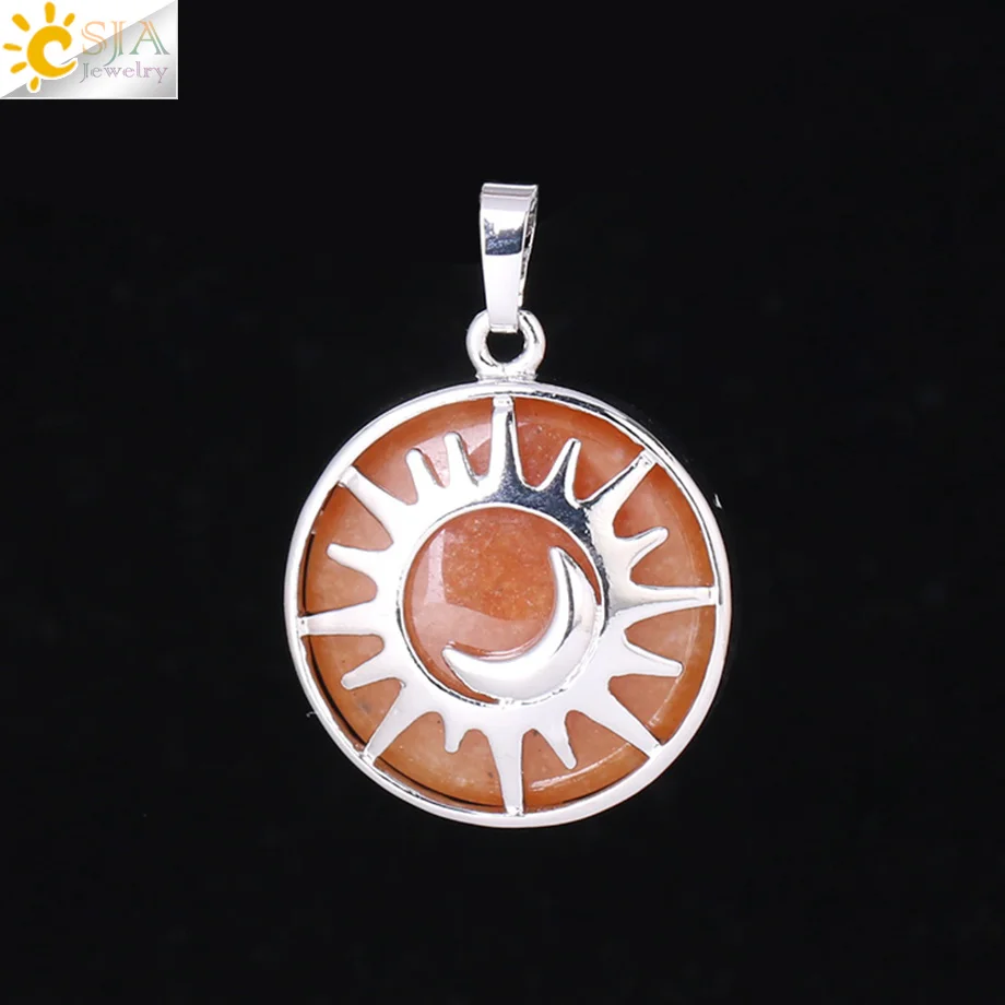 Orange Jade CSJA солнце и луна подвесной Рейки Исцеление натуральный камень, фиолетовый, белый кристалл кварцевые бусины для изготовления ювелирных изделий ожерелье для женщин мужчин F336 - Окраска металла: Orange Jade