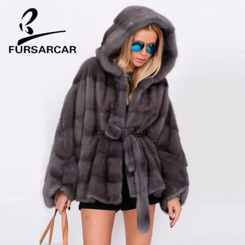 FURSARCAR Whole Pelt Real Mink Fur Coat Women Winter Bat Sleeve Coat With Hood Top Quality New Style Female Nature Mink Fur Coat