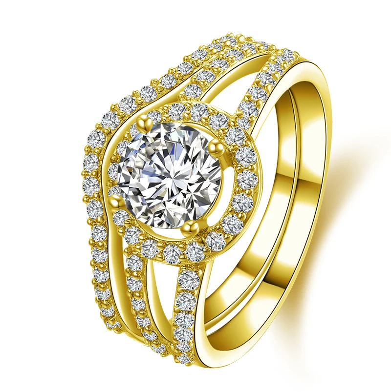 QYI 14k массивная, желтая, Золотая Halo Кольцо наборы 1ct круглая огранка роскошная женская сплит-лента обручальное кольцо для помолвки кольцо