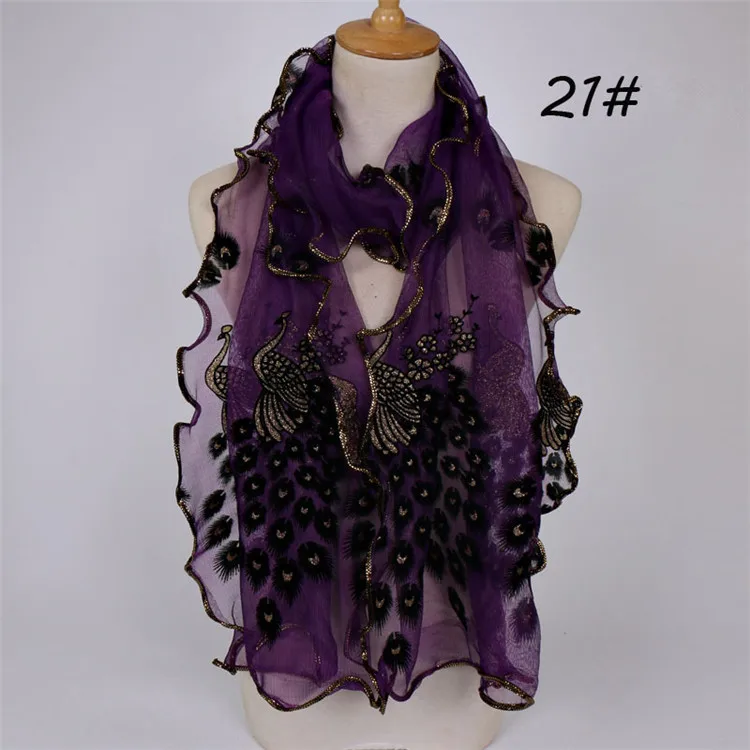 J077 21 Dark Purple YRRETY, дизайн, Женский шифоновый павлиньи перья цветы, вышитый кружевной стильный шарф, Длинный мягкий шарф, шаль, женский шарф - Цвет: J077 21 Dark Purple