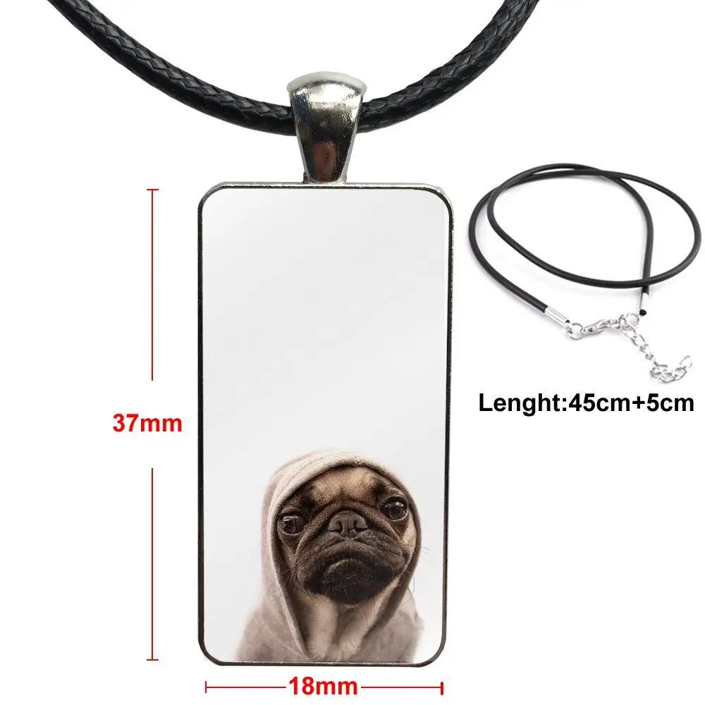 Cute Animal Pug Life Dog Cool Painted For Women Girls Glass Pendant Necklace Handmade Half Rectangle |