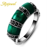 ajojewel vintage bamboo statement green band ring enamel womens rings with black rhinestone jewelry wholesale bagues bijoux