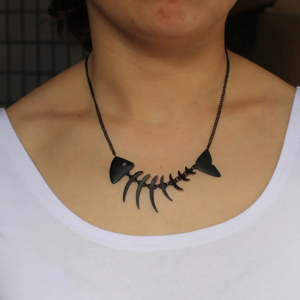 Женские длинные серьги подвески Hapiship черные в стиле панк с рыбьими костями 4 2