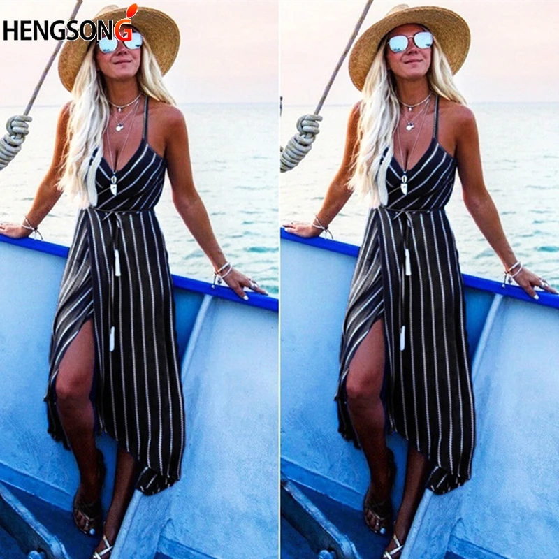Новый Для женщин Летнее Boho Макси длинное платье в полоску с лямкой на шее