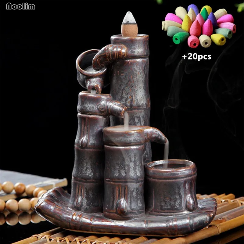 With 20pcs mixed Креативный керамический бамбуковый плот курильница с держателем водопад дым сандаловое дерево курильница с обратным потоком домашний декор+ 20 шт пирамидки благовоний - Цвет: With 20pcs mixed