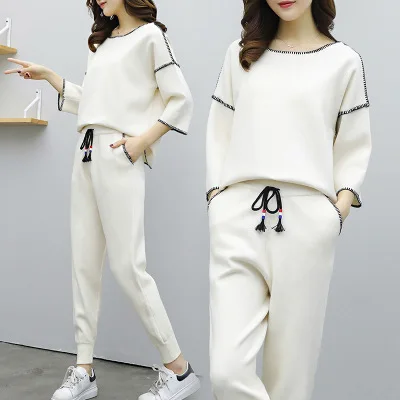 Женский весенне осенний вязаный костюм из двух предметов с длинным рукавом и