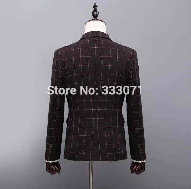 Шерсть БОРДОВЫЙ Ckeck Твид Пользовательские Мужские костюмы Жених Формальные