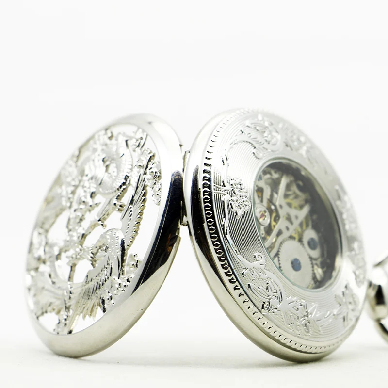 Silver Phoenix Flying Dragon Hollow Mechanical Pocket Watch Vintage Pendant Necklace Bracelet Men's and Women's Clock Gift