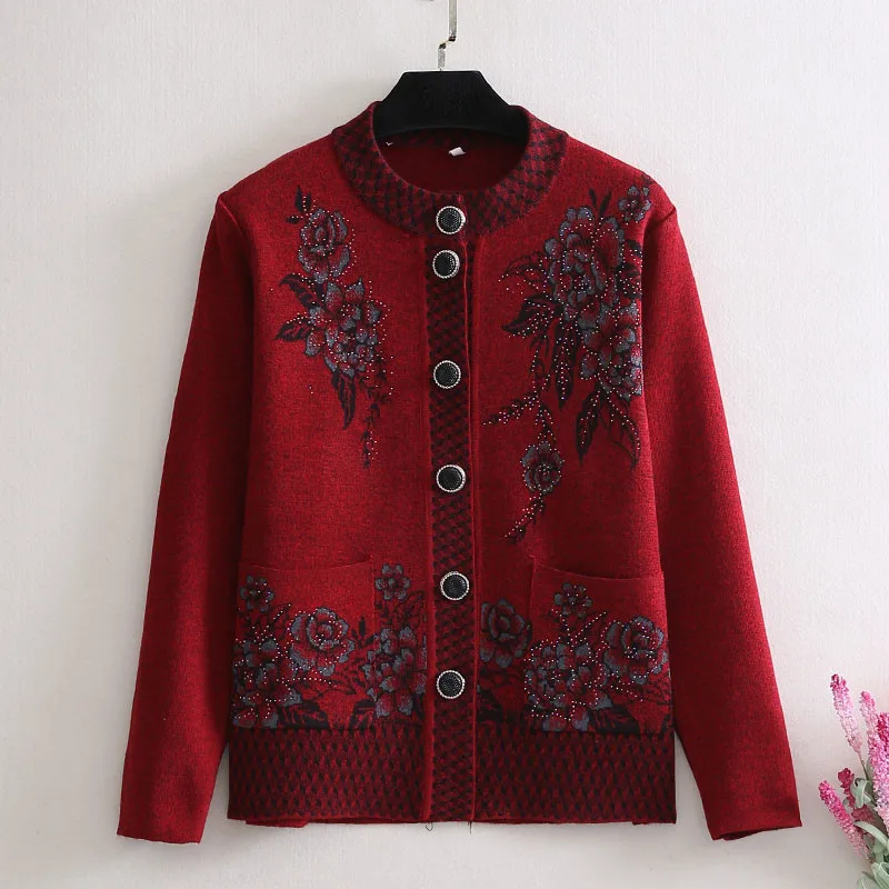 Women Tops Knitwear Cardigan Sweater Thick 2021 Autumn Plus size 4XL Middle-aged Female Flower Embroidery Knit Coat W295 |