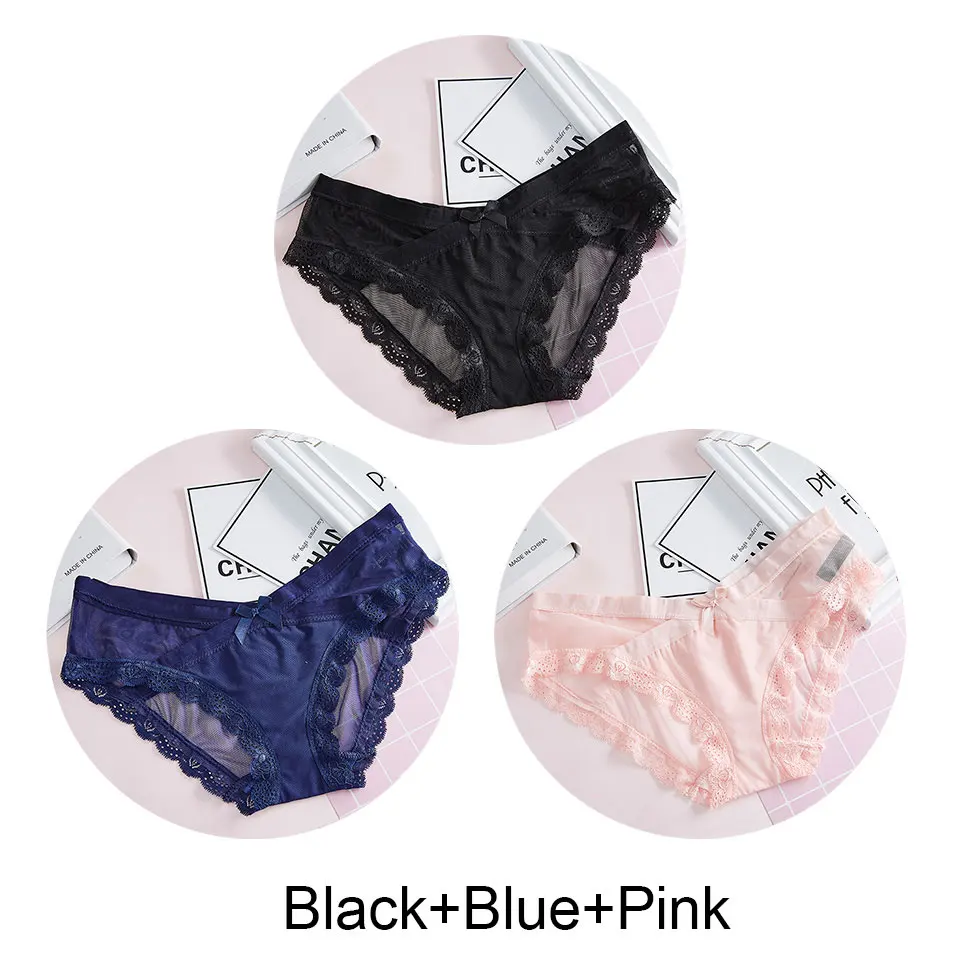 Black-Blue-Pink 3 шт., сексуальные кружевные трусики для женщин, нижнее белье, низкая посадка, дышащие Бесшовные трусики, трусы, Прозрачное нижнее белье с бантиком для девушек, новинка - Цвет: Black-Blue-Pink