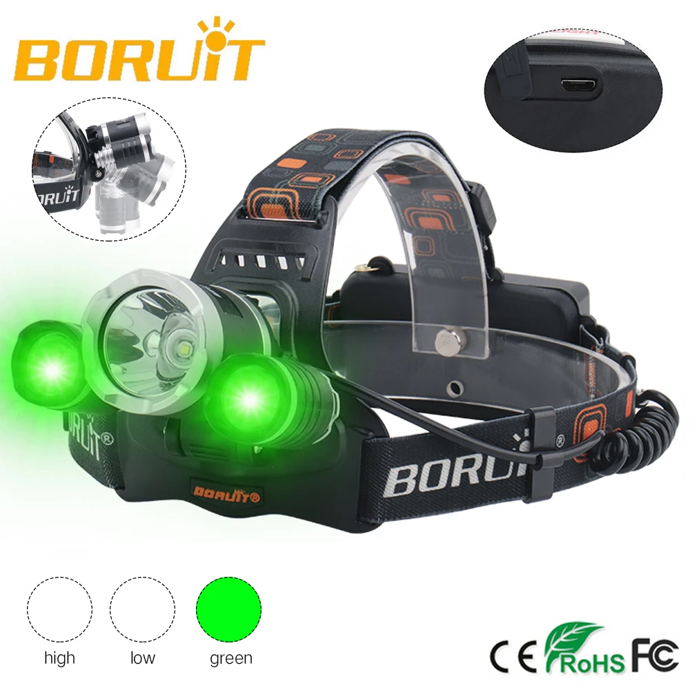 

BORUIT LED Headlamp 6000LM XM-T6+2*XPE Green Headlight Torch 3-Mode USB Charger Violet Head Torch Out Door Searching FISHING