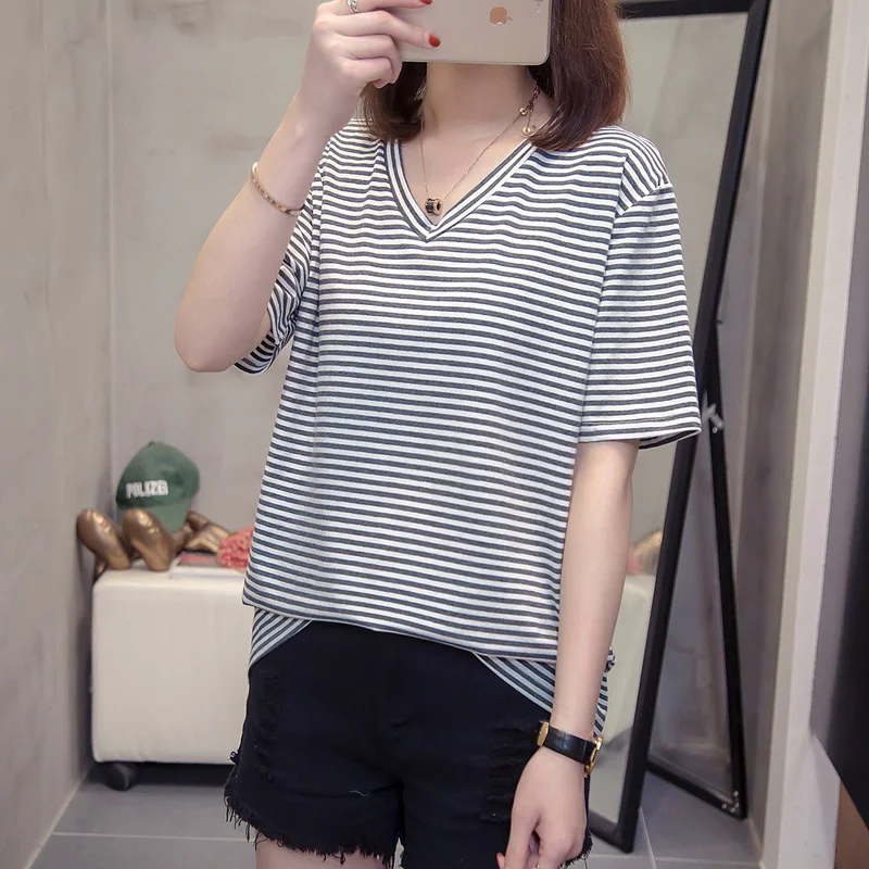 White black striped Женские футболки с v-образным вырезом размера плюс, летние винтажные футболки из хлопка, повседневные футболки более размера d, женские футболки с коротким рукавом, топы, уличная одежда - Цвет: White black striped