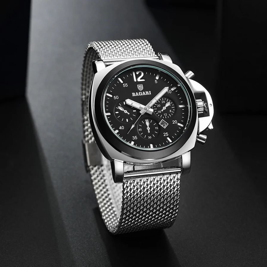 Часы BAGARI Мужские кварцевые роскошные брендовые полностью стальные спортивные с